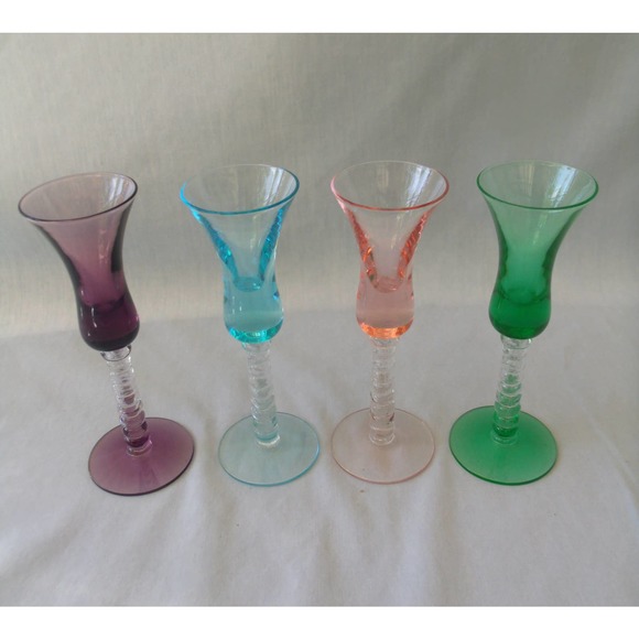 Unknown Other - Vintage 4 Cordial Liqueur Glasses Multicolored Bubble Stem Pattern Shot Glasses